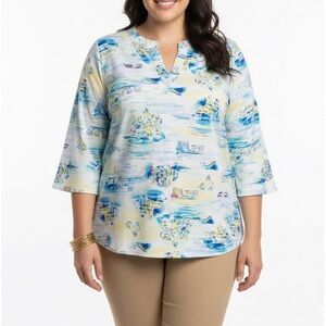 Greek Island Rome Blue Multicolor Coastal Vacation Plus Size Blouse Top 3X